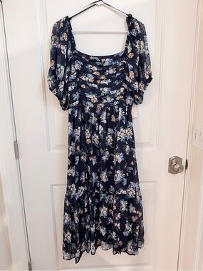 LC Lauren Conrad Navy Floral Maxi Dress with Puff Sleeves